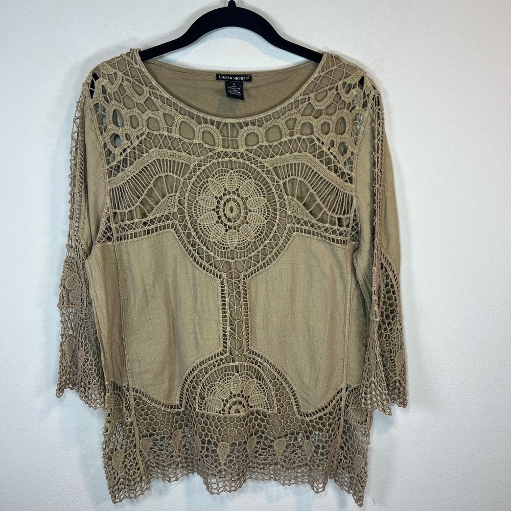 Boho Crochet Tunic Top Tan Brown Tank Lined Artsy Gauzy Lightweight Cotton Small